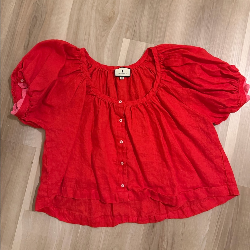 Tuckernuck Hibiscus Red Linen Tully Top with pink